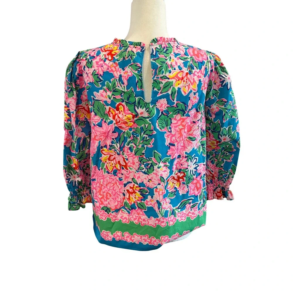 Lilly Pulitzer Blue Pink Floral Cotton Puff Sleeve Blouse Top M 008109